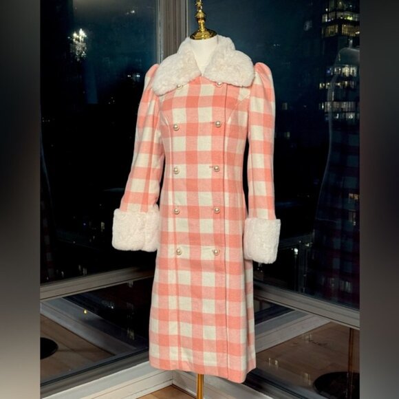 🆕 LOVESHACKFANCY 🧿 NWOT Sherry Plaid Faux Fur Coat, Crisp Peach, Sz S - Picture 3 of 15